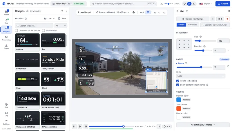 The MAPu window: the widget gallery as cards on the left, a GoPro video preview with speed, altitude, distance, clock, climb, heading and G-force widgets and a map in the middle, the selected map's properties (zoom, style, colours) on the right.